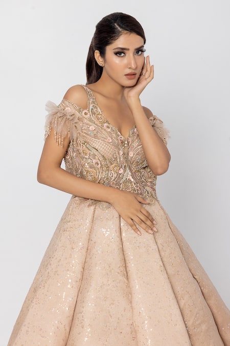 Sartoriale Beige Viscose, Polyester Crystals, Sequins V-neck Embellished Ball Gown Online at Aza Fashions Sartoriale_Beige Viscose, Polyester Crystals, Sequins V-neck Embellished Ball Gown _Online_at_Aza_Fashions