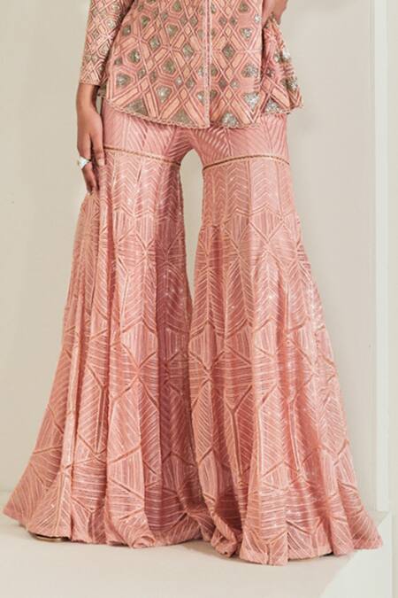 Ritika Mirchandani Pink Net Hand Embroidery Bead Notched Esme Resham Kurta With Sharara Online at Aza Fashions Ritika Mirchandani_Pink Net Hand Embroidery Bead Notched Esme Resham Kurta With Sharara _Online_at_Aza_Fashions