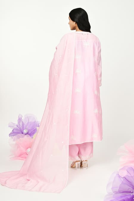 Shop Komal Shah Pink Chanderi Embroidery, Lace Round Neck Thread Kurta Pant Set at Aza Fashions Shop_Komal Shah_Pink Chanderi Embroidery, Lace Round Neck Thread Kurta Pant Set _at_Aza_Fashions