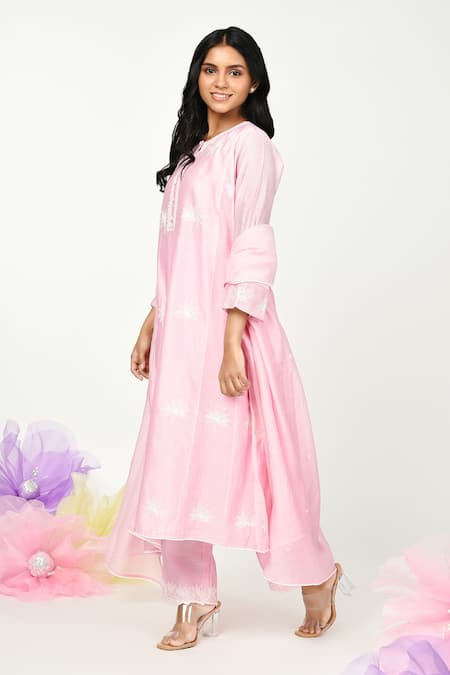 Buy Komal Shah Pink Chanderi Embroidery, Lace Round Neck Thread Kurta Pant Set Online at Aza Fashions Buy_Komal Shah_Pink Chanderi Embroidery, Lace Round Neck Thread Kurta Pant Set _Online_at_Aza_Fashions