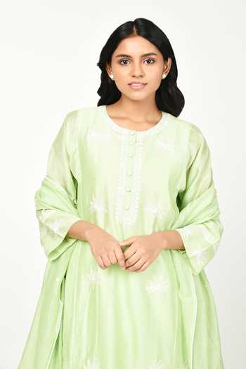 Komal Shah_Green Chanderi, Cotton Lace, Embroidery Round Neck Placement Kurta Set _Online_at_Aza_Fashions