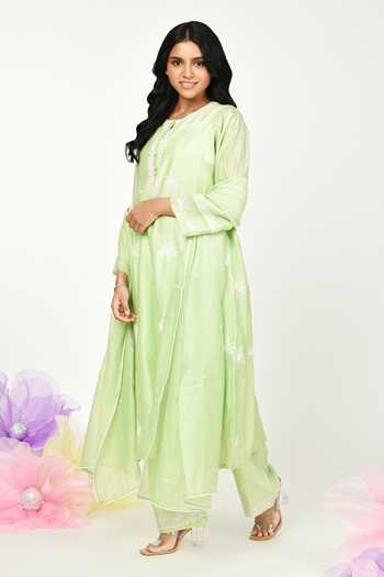 Buy_Komal Shah_Green Chanderi, Cotton Lace, Embroidery Round Neck Placement Kurta Set _Online_at_Aza_Fashions