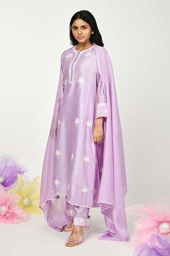 Buy_Komal Shah_Purple Chanderi, Cotton Embroidery, Lace Round Neck Floral Kurta Set _Online_at_Aza_Fashions