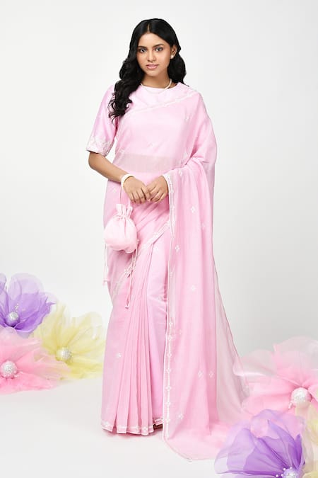 Komal Shah Pink Chanderi Embroidery Thread Boat Neck Placement Saree With Blouse 