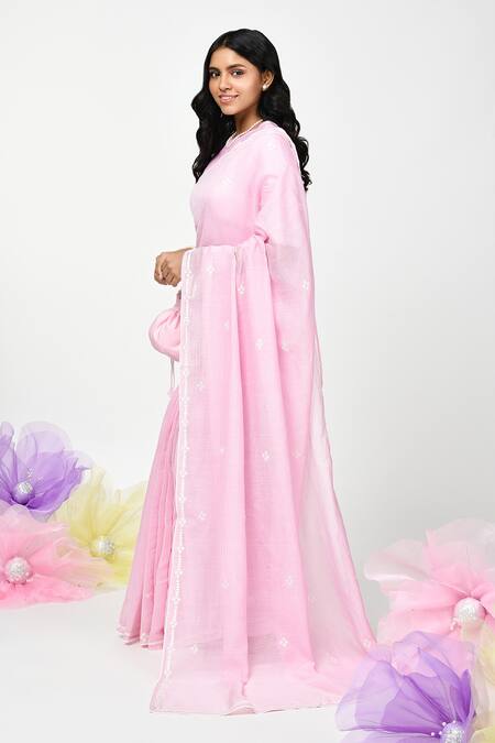 Komal Shah_Pink Chanderi Embroidery Boat Neck Placement Saree With Blouse _Online_at_Aza_Fashions