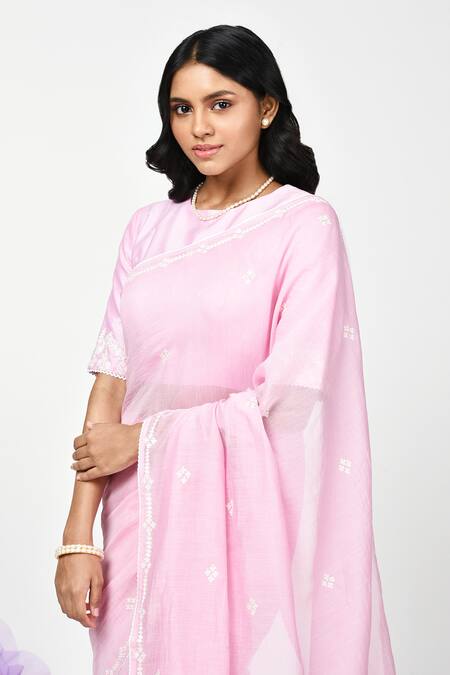 Buy_Komal Shah_Pink Chanderi Embroidery Boat Neck Placement Saree With Blouse _Online_at_Aza_Fashions