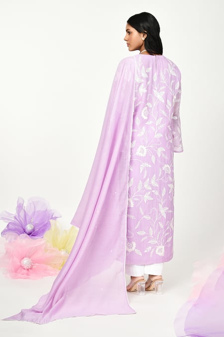 Shop_Komal Shah_Purple Chanderi Lace, Embroidery Round Neck Jaal Chaav Floral Vine Kurta Set _at_Aza_Fashions