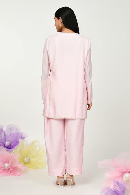 Shop_Komal Shah_Pink Silk Embroidery Keyhole Neck Hira Chaav Long Top And Pant Set _at_Aza_Fashions