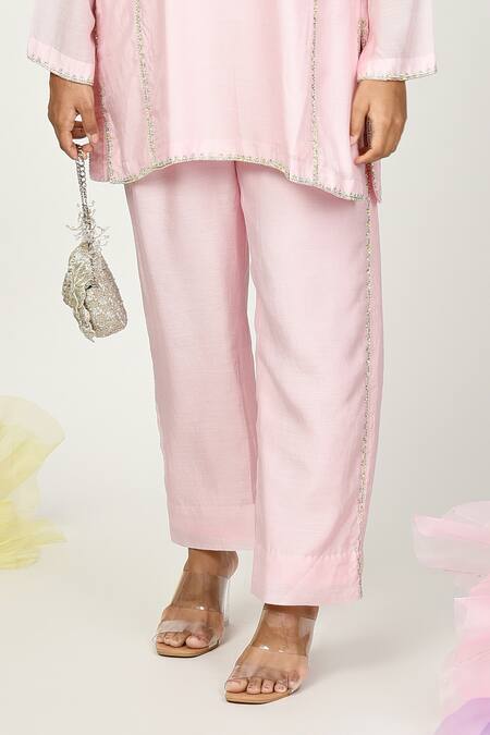 Buy_Komal Shah_Pink Silk Embroidery Keyhole Neck Hira Chaav Long Top And Pant Set _Online_at_Aza_Fashions