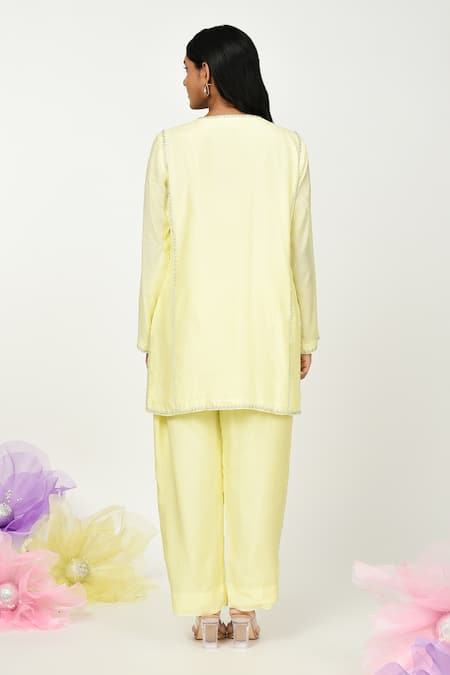 Shop Komal Shah Yellow Silk Embroidery Keyhole Neck Hira Chaav Neckline Top And Pant Set at Aza Fashions Shop_Komal Shah_Yellow Silk Embroidery Keyhole Neck Hira Chaav Neckline Top And Pant Set _at_Aza_Fashions