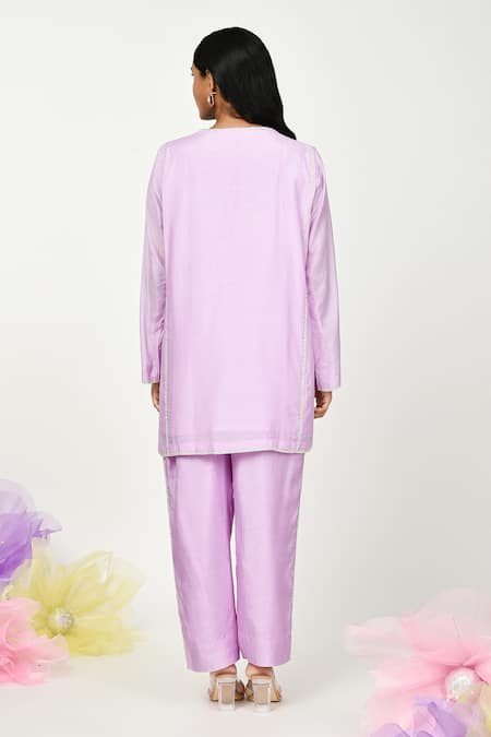 Shop_Komal Shah_Purple Silk Embroidery Keyhole Neck Hira Chaav Long Top And Pant Set _at_Aza_Fashions