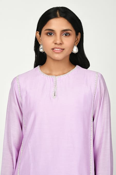 Komal Shah_Purple Silk Embroidery Keyhole Neck Hira Chaav Long Top And Pant Set _Online_at_Aza_Fashions
