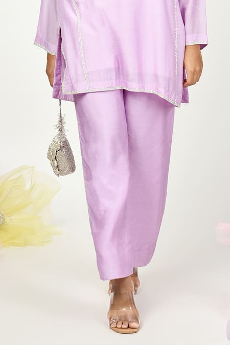 Buy_Komal Shah_Purple Silk Embroidery Keyhole Neck Hira Chaav Long Top And Pant Set _Online_at_Aza_Fashions