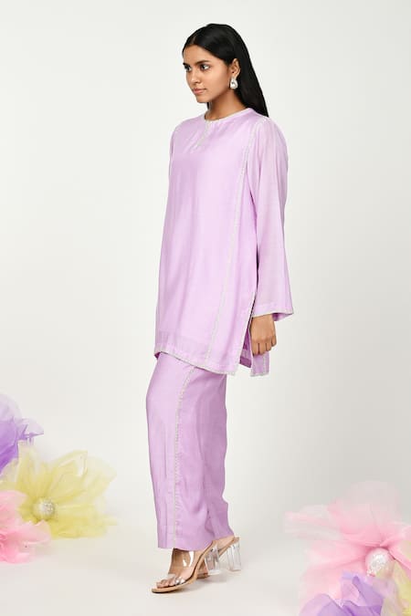 Shop_Komal Shah_Purple Silk Embroidery Keyhole Neck Hira Chaav Long Top And Pant Set _Online_at_Aza_Fashions