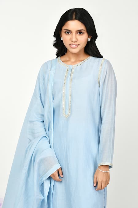 Komal Shah Blue Chanderi Lace, Sequins, Embroidery Round Neck Tilla Chaav Kurta Set Online at Aza Fashions Komal Shah_Blue Chanderi Lace, Sequins, Embroidery Round Neck Tilla Chaav Kurta Set _Online_at_Aza_Fashions