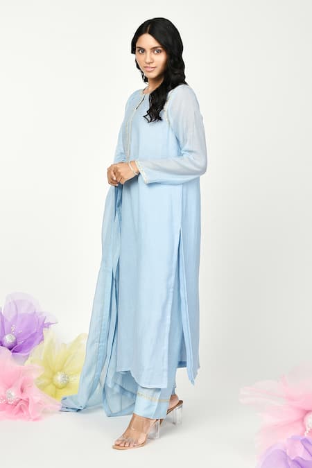 Buy Komal Shah Blue Chanderi Lace, Sequins, Embroidery Round Neck Tilla Chaav Kurta Set Online at Aza Fashions Buy_Komal Shah_Blue Chanderi Lace, Sequins, Embroidery Round Neck Tilla Chaav Kurta Set _Online_at_Aza_Fashions