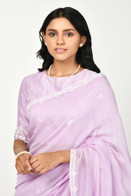 Komal Shah Purple Chanderi Embroidery Boat Neck Saree With Blouse Online at Aza Fashions Komal Shah_Purple Chanderi Embroidery Boat Neck Saree With Blouse _Online_at_Aza_Fashions