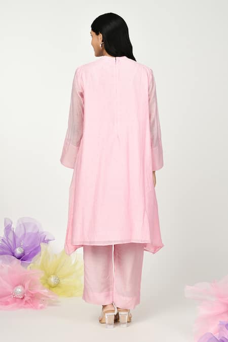Shop Komal Shah Pink Chanderi, Silk Embroidery Round Neck Chaav A-line Kurta And Pant Set at Aza Fashions Shop_Komal Shah_Pink Chanderi, Silk Embroidery Round Neck Chaav A-line Kurta And Pant Set _at_Aza_Fashions