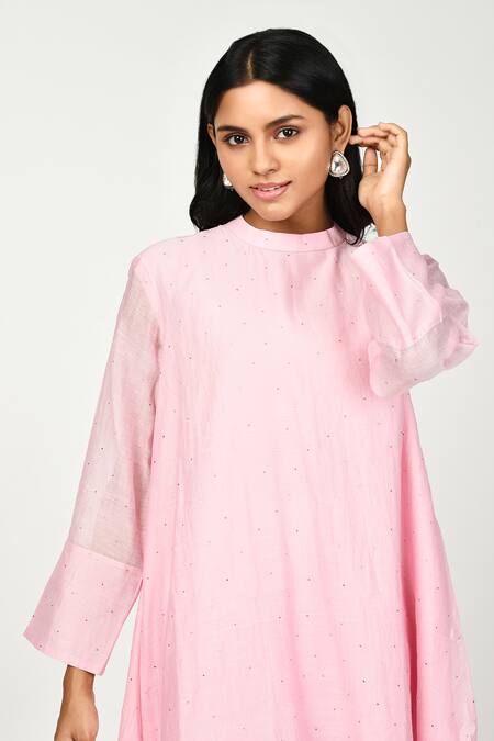 Komal Shah Pink Chanderi, Silk Embroidery Round Neck Chaav A-line Kurta And Pant Set Online at Aza Fashions Komal Shah_Pink Chanderi, Silk Embroidery Round Neck Chaav A-line Kurta And Pant Set _Online_at_Aza_Fashions