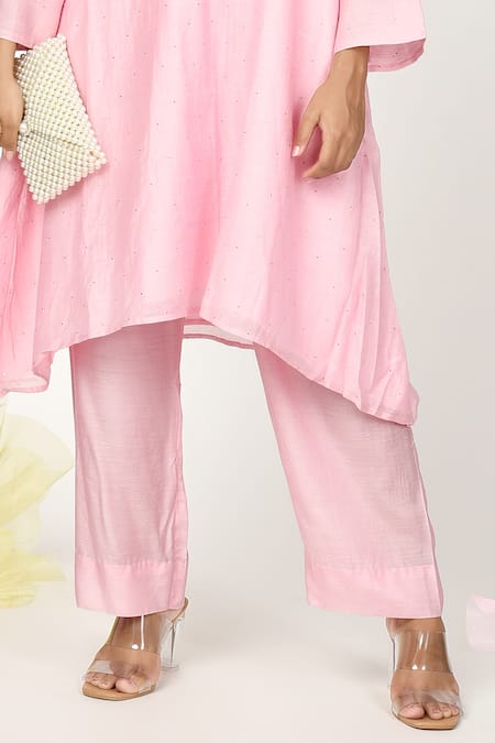 Buy Komal Shah Pink Chanderi, Silk Embroidery Round Neck Chaav A-line Kurta And Pant Set Online at Aza Fashions Buy_Komal Shah_Pink Chanderi, Silk Embroidery Round Neck Chaav A-line Kurta And Pant Set _Online_at_Aza_Fashions