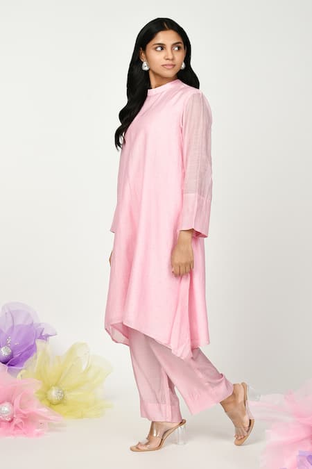 Shop Komal Shah Pink Chanderi, Silk Embroidery Round Neck Chaav A-line Kurta And Pant Set Online at Aza Fashions Shop_Komal Shah_Pink Chanderi, Silk Embroidery Round Neck Chaav A-line Kurta And Pant Set _Online_at_Aza_Fashions