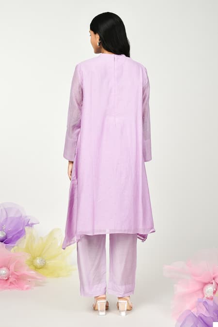 Shop Komal Shah Purple Chanderi, Silk Embroidery Round Neck Chaav Tunic And Pant Set at Aza Fashions Shop_Komal Shah_Purple Chanderi, Silk Embroidery Round Neck Chaav Tunic And Pant Set _at_Aza_Fashions