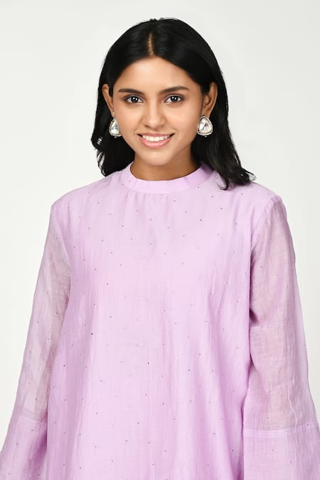 Komal Shah Purple Chanderi, Silk Embroidery Round Neck Chaav Tunic And Pant Set Online at Aza Fashions Komal Shah_Purple Chanderi, Silk Embroidery Round Neck Chaav Tunic And Pant Set _Online_at_Aza_Fashions