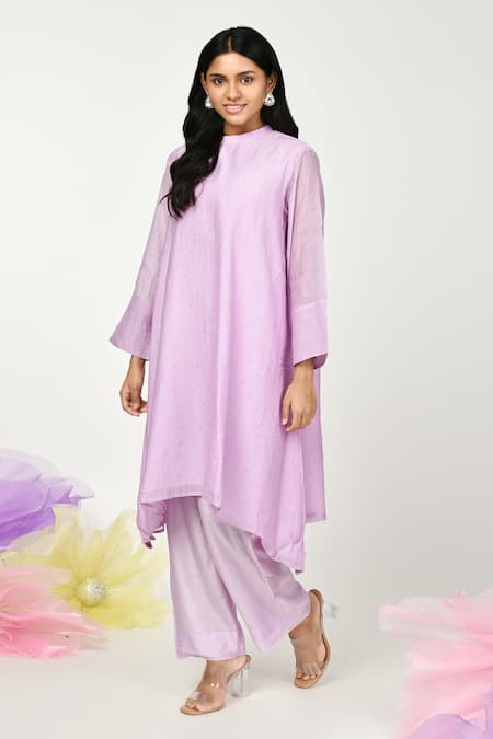 Shop Komal Shah Purple Chanderi, Silk Embroidery Round Neck Chaav Tunic And Pant Set Online at Aza Fashions Shop_Komal Shah_Purple Chanderi, Silk Embroidery Round Neck Chaav Tunic And Pant Set _Online_at_Aza_Fashions