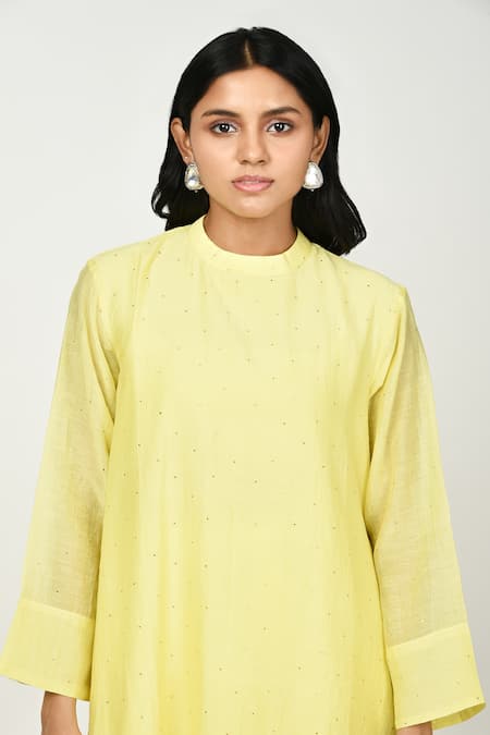 Komal Shah Yellow Chanderi, Silk, Cotton Embroidery Round Neck Chaav Tunic And Pant Set Online at Aza Fashions Komal Shah_Yellow Chanderi, Silk, Cotton Embroidery Round Neck Chaav Tunic And Pant Set _Online_at_Aza_Fashions