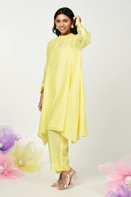 Shop Komal Shah Yellow Chanderi, Silk, Cotton Embroidery Round Neck Chaav Tunic And Pant Set Online at Aza Fashions Shop_Komal Shah_Yellow Chanderi, Silk, Cotton Embroidery Round Neck Chaav Tunic And Pant Set _Online_at_Aza_Fashions