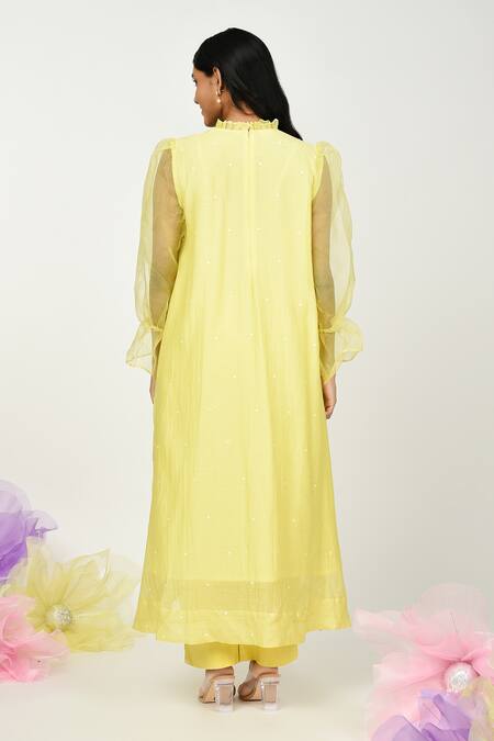 Shop Komal Shah Yellow Chanderi, Organza, Cotton Embroidery High Polka Dot Kurta And Pant Set at Aza Fashions Shop_Komal Shah_Yellow Chanderi, Organza, Cotton Embroidery High Polka Dot Kurta And Pant Set _at_Aza_Fashions