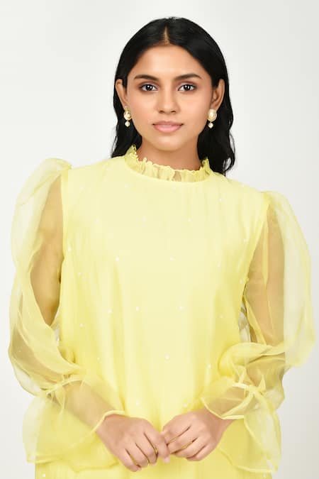 Komal Shah Yellow Chanderi, Organza, Cotton Embroidery High Polka Dot Kurta And Pant Set Online at Aza Fashions Komal Shah_Yellow Chanderi, Organza, Cotton Embroidery High Polka Dot Kurta And Pant Set _Online_at_Aza_Fashions