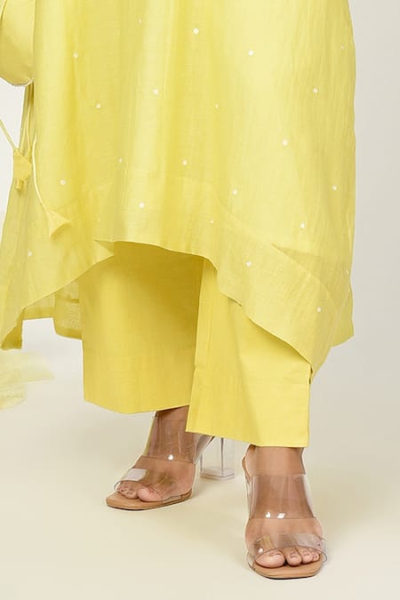 Buy Komal Shah Yellow Chanderi, Organza, Cotton Embroidery High Polka Dot Kurta And Pant Set Online at Aza Fashions Buy_Komal Shah_Yellow Chanderi, Organza, Cotton Embroidery High Polka Dot Kurta And Pant Set _Online_at_Aza_Fashions