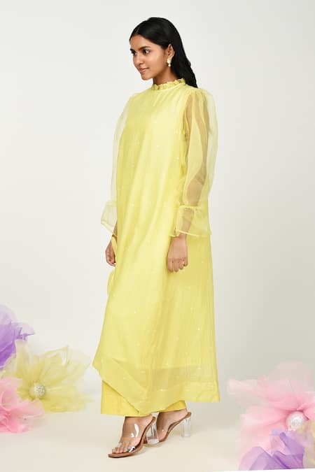 Shop Komal Shah Yellow Chanderi, Organza, Cotton Embroidery High Polka Dot Kurta And Pant Set Online at Aza Fashions Shop_Komal Shah_Yellow Chanderi, Organza, Cotton Embroidery High Polka Dot Kurta And Pant Set _Online_at_Aza_Fashions