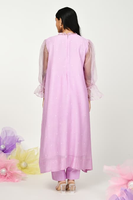 Shop Komal Shah Purple Chanderi, Organza, Cotton Embroidery Polka Dot Pattern Kurta And Pant Set at Aza Fashions Shop_Komal Shah_Purple Chanderi, Organza, Cotton Embroidery Polka Dot Pattern Kurta And Pant Set _at_Aza_Fashions
