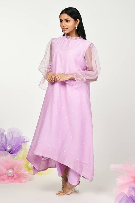 Shop Komal Shah Purple Chanderi, Organza, Cotton Embroidery Polka Dot Pattern Kurta And Pant Set Online at Aza Fashions Shop_Komal Shah_Purple Chanderi, Organza, Cotton Embroidery Polka Dot Pattern Kurta And Pant Set _Online_at_Aza_Fashions
