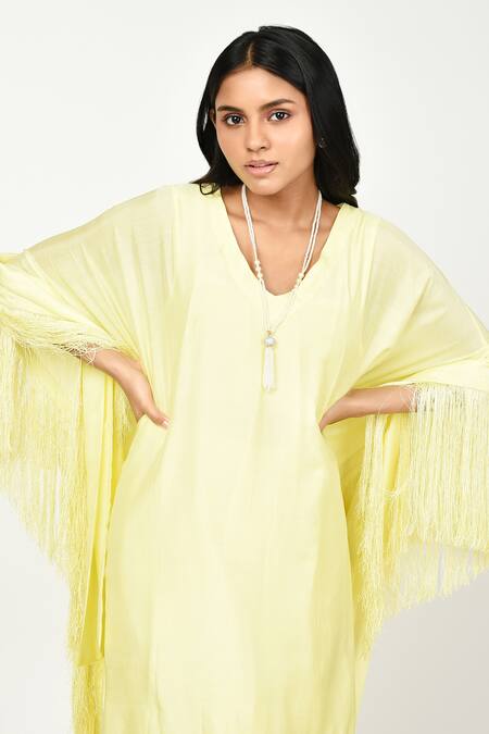 Komal Shah Yellow Silk Lace V-neck Summer Embellished Kaftan Set Online at Aza Fashions Komal Shah_Yellow Silk Lace V-neck Summer Embellished Kaftan Set _Online_at_Aza_Fashions