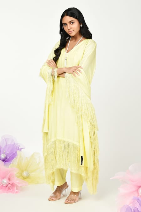 Shop Komal Shah Yellow Silk Lace V-neck Summer Embellished Kaftan Set Online at Aza Fashions Shop_Komal Shah_Yellow Silk Lace V-neck Summer Embellished Kaftan Set _Online_at_Aza_Fashions