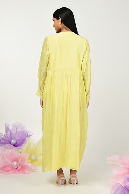 Shop Komal Shah Yellow Chanderi, Linen Keyhole Neck Summer Polka Dot Embroidered Dress at Aza Fashions Shop_Komal Shah_Yellow Chanderi, Linen Keyhole Neck Summer Polka Dot Embroidered Dress _at_Aza_Fashions