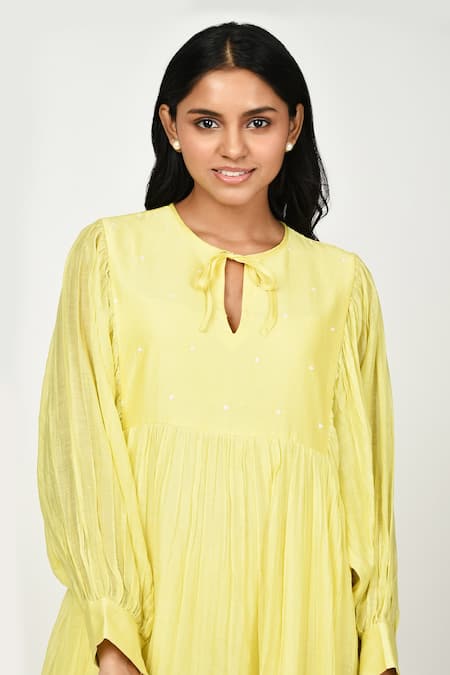 Komal Shah Yellow Chanderi, Linen Keyhole Neck Summer Polka Dot Embroidered Dress Online at Aza Fashions Komal Shah_Yellow Chanderi, Linen Keyhole Neck Summer Polka Dot Embroidered Dress _Online_at_Aza_Fashions