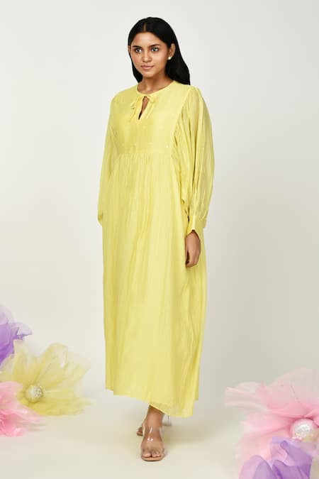 Buy Komal Shah Yellow Chanderi, Linen Keyhole Neck Summer Polka Dot Embroidered Dress Online at Aza Fashions Buy_Komal Shah_Yellow Chanderi, Linen Keyhole Neck Summer Polka Dot Embroidered Dress _Online_at_Aza_Fashions