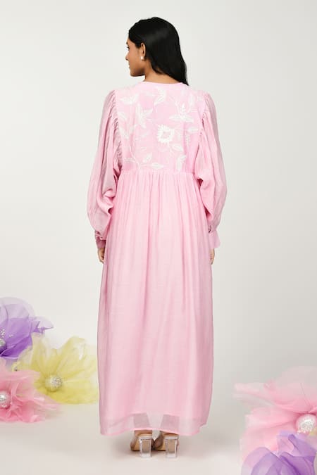 Shop_Komal Shah_Pink Chanderi Embroidery Keyhole Neck Summer Floral Dress _at_Aza_Fashions