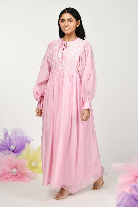 Buy_Komal Shah_Pink Chanderi Embroidery Keyhole Neck Summer Floral Dress _Online_at_Aza_Fashions