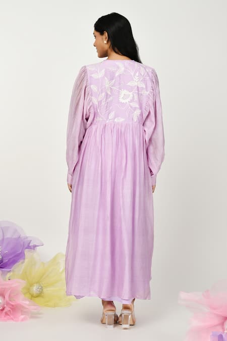 Shop Komal Shah Purple Chanderi, Linen Embroidery Keyhole Neck Summer Flower Dress at Aza Fashions Shop_Komal Shah_Purple Chanderi, Linen Embroidery Keyhole Neck Summer Flower Dress _at_Aza_Fashions
