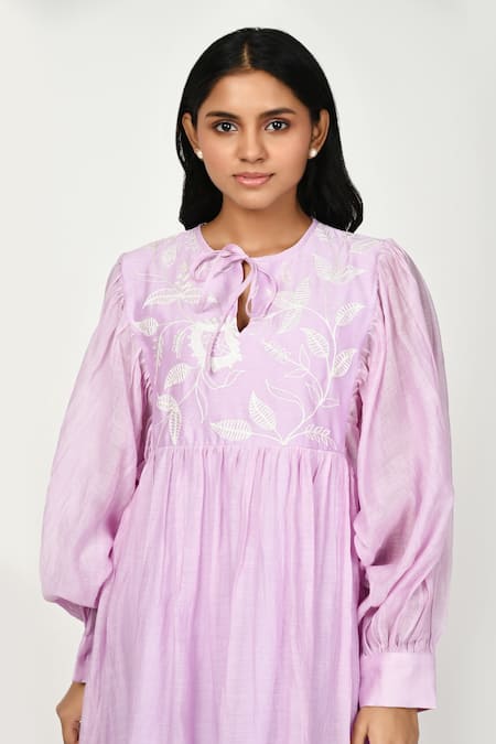 Komal Shah Purple Chanderi, Linen Embroidery Keyhole Neck Summer Flower Dress Online at Aza Fashions Komal Shah_Purple Chanderi, Linen Embroidery Keyhole Neck Summer Flower Dress _Online_at_Aza_Fashions