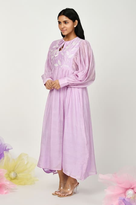 Buy Komal Shah Purple Chanderi, Linen Embroidery Keyhole Neck Summer Flower Dress Online at Aza Fashions Buy_Komal Shah_Purple Chanderi, Linen Embroidery Keyhole Neck Summer Flower Dress _Online_at_Aza_Fashions
