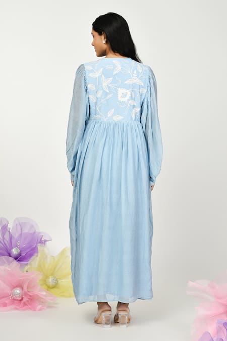 Shop Komal Shah Blue Chanderi Embroidery Keyhole Neck Summer Leaf Dress at Aza Fashions Shop_Komal Shah_Blue Chanderi Embroidery Keyhole Neck Summer Leaf Dress _at_Aza_Fashions