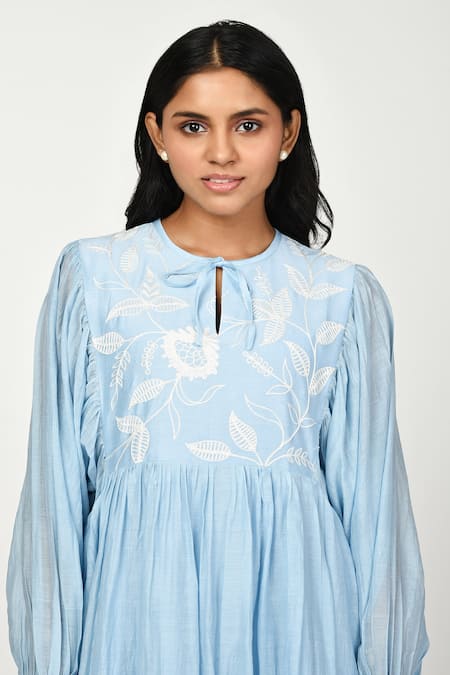 Komal Shah Blue Chanderi Embroidery Keyhole Neck Summer Leaf Dress Online at Aza Fashions Komal Shah_Blue Chanderi Embroidery Keyhole Neck Summer Leaf Dress _Online_at_Aza_Fashions