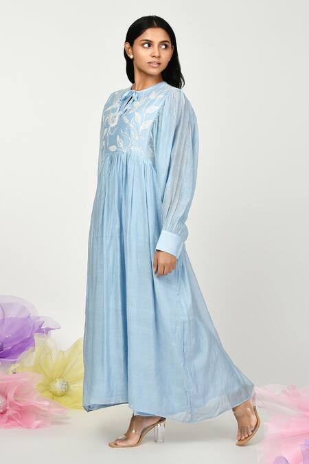 Buy Komal Shah Blue Chanderi Embroidery Keyhole Neck Summer Leaf Dress Online at Aza Fashions Buy_Komal Shah_Blue Chanderi Embroidery Keyhole Neck Summer Leaf Dress _Online_at_Aza_Fashions