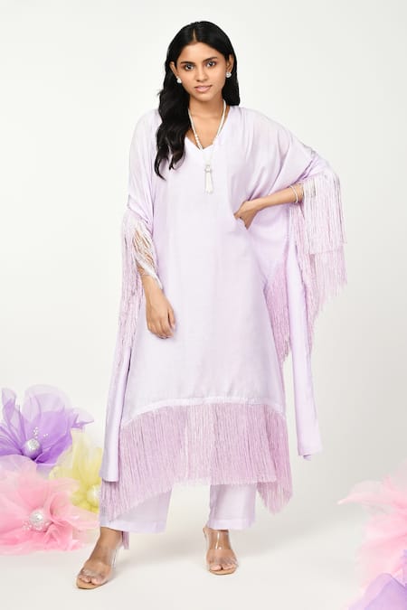 Komal Shah Purple Silk Embellished Lace V Neck Summer Border Kaftan Set 